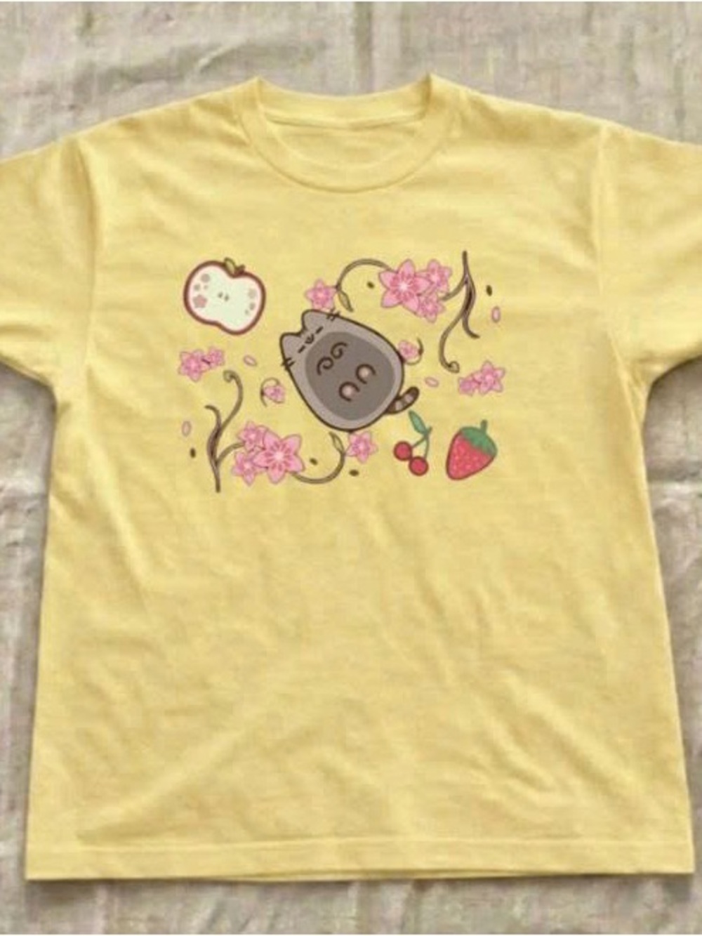 Yellow Short Sleeve Tee with Cute Fruit & Cat Graphic